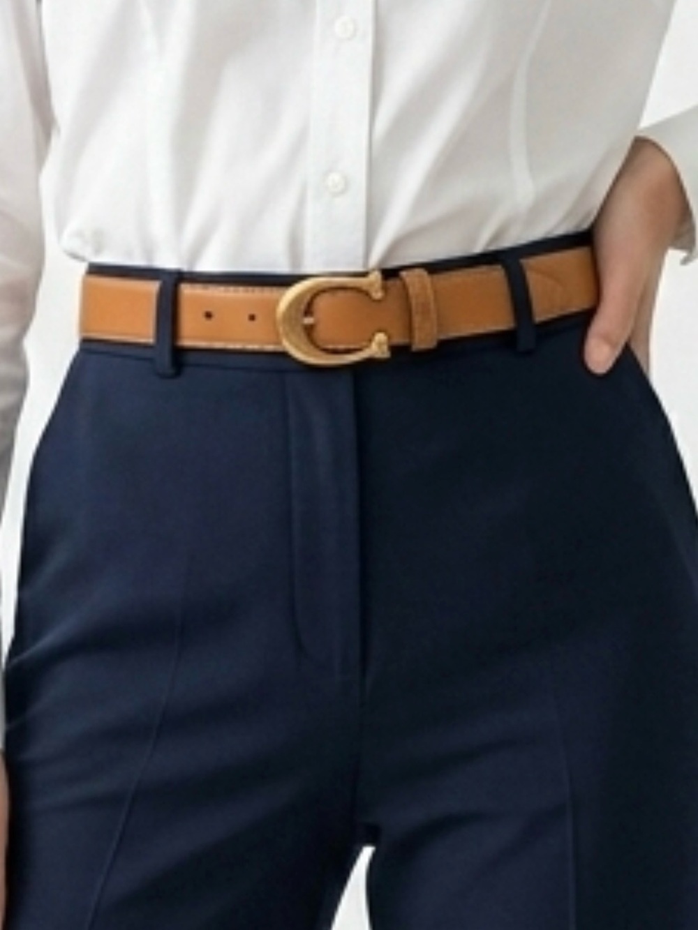 Tan Leather Belt with Gold Buckle - Picture 8 of 16
